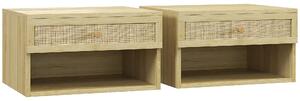 HOMCOM Set de 2 Noptiere Plutitoare, Noptiere cu Sertar din Ratan și Raft Deschis pentru Dormitor, 40x34x23 cm, Lemn Natural | Aosom Romania