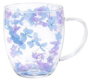 Cană cu inserție de flori uscate mov și albastru, hortensie, pereți dubli, sticlă borosilicată, 350 ml, Aurora Bloom