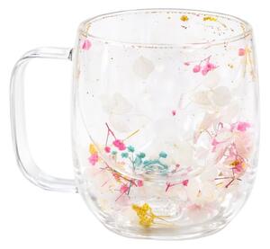 Cană cu inserție de flori uscate, hortensie alba și floarea miresei multicolor, pereți dubli, sticlă borosilicată, 250 ml, Aurora Bloom