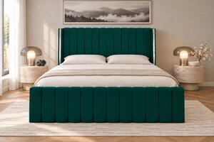 Pat tapițat din catifea Aurelia 120×200 cm, verde, detalii argintii, cu ladă de depozitare