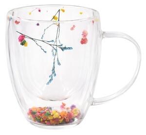 Cană cu inserție de flori uscate multicolor, floarea miresei, pereți dubli, sticlă borosilicată, 350 ml, Aurora Bloom