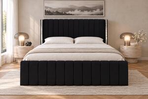 Pat tapițat din catifea Aurelia 120×200 cm, negru, detalii argintii, cu ladă de depozitare
