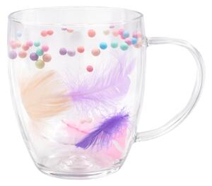 Cană cu inserție de pene și bilute colorate pastel, pereți dubli, sticlă borosilicată, 350 ml, Aurora Bloom