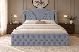 Pat tapițat Chesterfield din catifea Velora Deluxe 140×200 cm, gri deschis, cu ladă de depozitare
