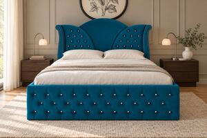 Pat tapițat Chesterfield din catifea Velora Deluxe 140×200 cm, turcoaz, cu ladă de depozitare