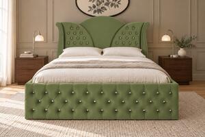 Pat tapițat Chesterfield din catifea Velora Deluxe 140×200 cm, kaki, cu ladă de depozitare