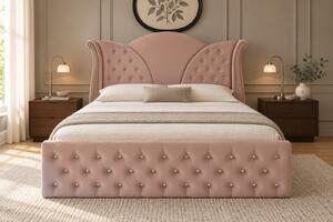 Pat tapițat Chesterfield din catifea Velora Deluxe 140×200 cm, cappuccino, cu ladă de depozitare