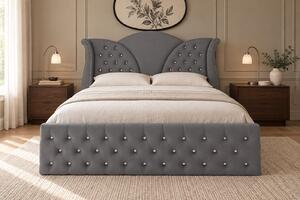 Pat tapițat Chesterfield din catifea Velora Deluxe 140×200 cm, gri închis, cu ladă de depozitare