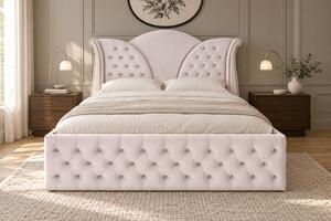 Pat tapițat Chesterfield din catifea Velora Deluxe 140×200 cm, crem, cu ladă de depozitare