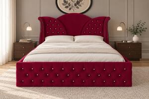 Pat tapițat Chesterfield din catifea Velora Deluxe 140×200 cm, vișiniu, cu ladă de depozitare
