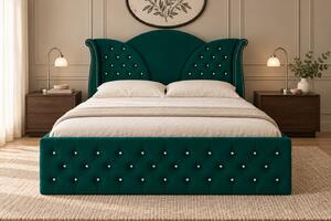 Pat tapițat Chesterfield din catifea Velora Deluxe 140×200 cm, verde, cu ladă de depozitare