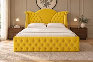Pat tapițat Chesterfield din catifea Velora Deluxe 140×200 cm, galben muștar, cu ladă de depozitare