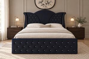 Pat tapițat Chesterfield din catifea Velora Deluxe 140×200 cm, negru, cu ladă de depozitare