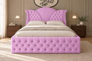 Pat tapițat Chesterfield din catifea Velora Deluxe 140×200 cm, lila, cu ladă de depozitare