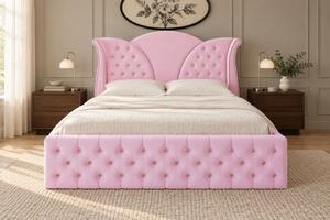 Pat tapițat Chesterfield din catifea Velora Deluxe 140×200 cm, roz, cu ladă de depozitare