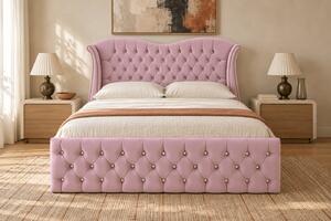 Pat tapițat Chesterfield Avella 140×200 cm, roz, cu ladă de depozitare