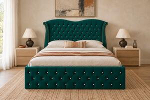 Pat tapițat Chesterfield Avella 140×200 cm, verde, cu ladă de depozitare