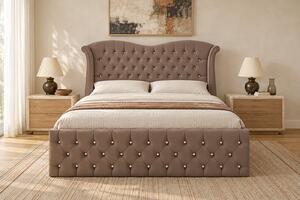 Pat tapițat Chesterfield Avella 140×200 cm, cappuccino, cu ladă de depozitare