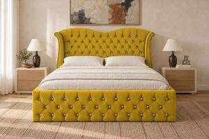 Pat tapițat Chesterfield Avella 140×200 cm, galben muștar, cu ladă de depozitare