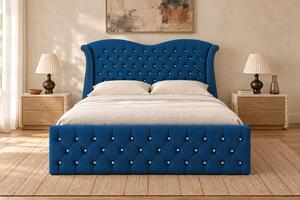 Pat tapițat Chesterfield Avella 140×200 cm, albastru, cu ladă de depozitare