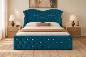 Pat tapițat Chesterfield Avella 140×200 cm, turcoaz, cu ladă de depozitare