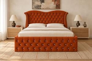 Pat tapițat Chesterfield Avella 140×200 cm, cărămiziu, cu ladă de depozitare