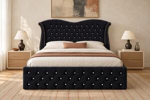 Pat tapițat Chesterfield Avella 140×200 cm, negru, cu ladă de depozitare