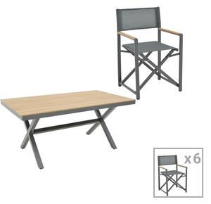 Set de 7 buc masa si scaune de gradina Mabu-Thorio aluminiu antracit si placaj nuanta naturala 160x90x75 cm