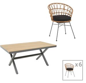 Set de 7 buc masa si scaune de gradina Thorio Felicia aluminiu antracit si placaj nuanta naturala 160x90x75 cm