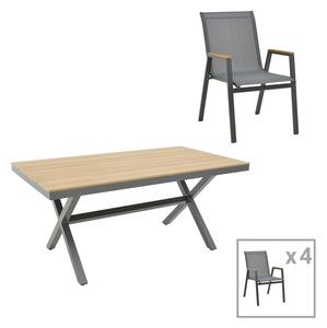 Set de 5 buc masa si scaune de gradina Thorio-Azelie aluminiu antracit si placaj nuanta naturala 160x90x75 cm