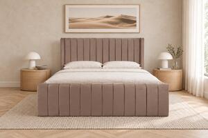 Pat tapițat din catifea Aurelia Simple 120×200 cm, cappuccino, cu ladă de depozitare