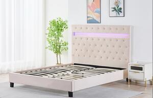 Pat Tapitat Catifea cu Iluminare LED, Somiera si Saltea Inclusa , Bej 160x200 cm Cod FB-18