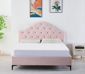 Pat Tapitat Catifea Roz 140x200 cm cu Somiera si Saltea Inclusa , Cod FB-227