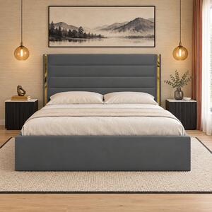 Pat tapițat din catifea Veyra 120×200 cm, gri închis, detalii aurii, cu ladă de depozitare