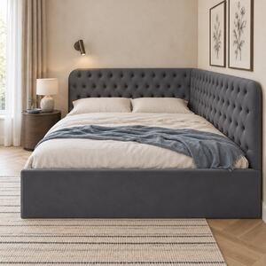 Pat tapițat pentru copii din catifea Elyra 120×200 cm, gri închis, colț dreapta, cu ladă de depozitare