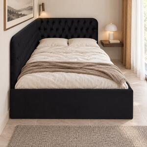 Pat tapițat pentru copii din catifea Elyra 120×200 cm, negru, colț stânga, cu ladă de depozitare