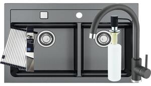 Pachet chiuvetă bucătărie Alveus Atrox 50 granital negru + baterie monocomandă Kati + dozator săpun + suport scurgător