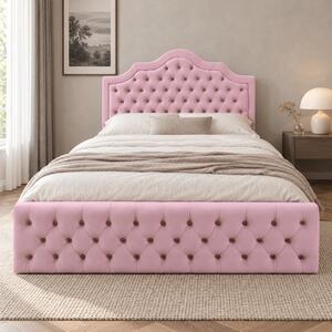 Pat tapițat din catifea Imperio cu nasturi 140×200 cm, roz, cu ladă de depozitare