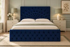 Pat tapițat Chesterfield din catifea Venezia 140×200 cm, bleumarin, cu ladă de depozitare