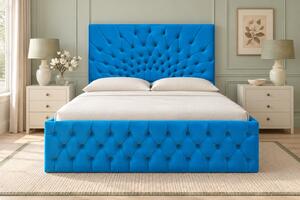 Pat tapițat Chesterfield din catifea Venezia 140×200 cm, albastru deschis, cu ladă de depozitare