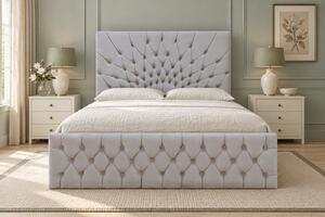 Pat tapițat Chesterfield din catifea Venezia 140×200 cm, gri deschis, cu ladă de depozitare