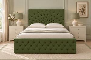 Pat tapițat Chesterfield din catifea Venezia 140×200 cm, kaki, cu ladă de depozitare