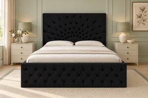 Pat tapițat Chesterfield din catifea Venezia 140×200 cm, negru, cu ladă de depozitare