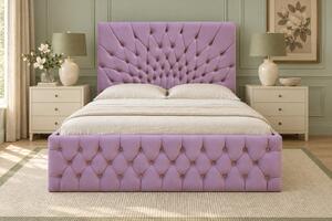 Pat tapițat Chesterfield din catifea Venezia 140×200 cm, lila, cu ladă de depozitare