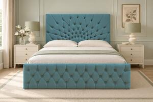 Pat tapițat Chesterfield din catifea Venezia 140×200 cm, verde marin, cu ladă de depozitare