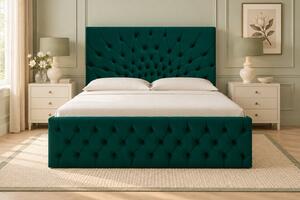 Pat tapițat Chesterfield din catifea Venezia 140×200 cm, verde, cu ladă de depozitare