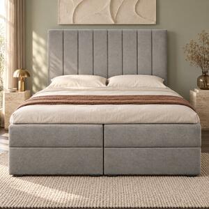 Pat boxspring din catifea Novella cu ladă 140×200 cm, gri deschis