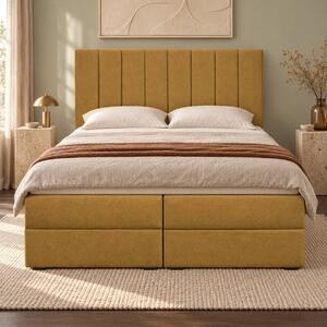 Pat boxspring din catifea Novella cu ladă 140×200 cm, galben muștar