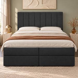 Pat boxspring din catifea Novella cu ladă 140×200 cm, gri închis