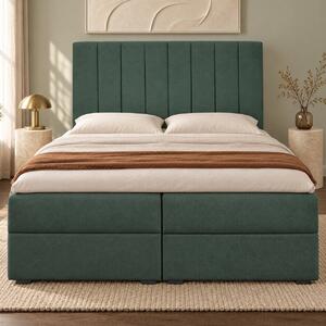 Pat boxspring din catifea Novella cu ladă 140×200 cm, verde